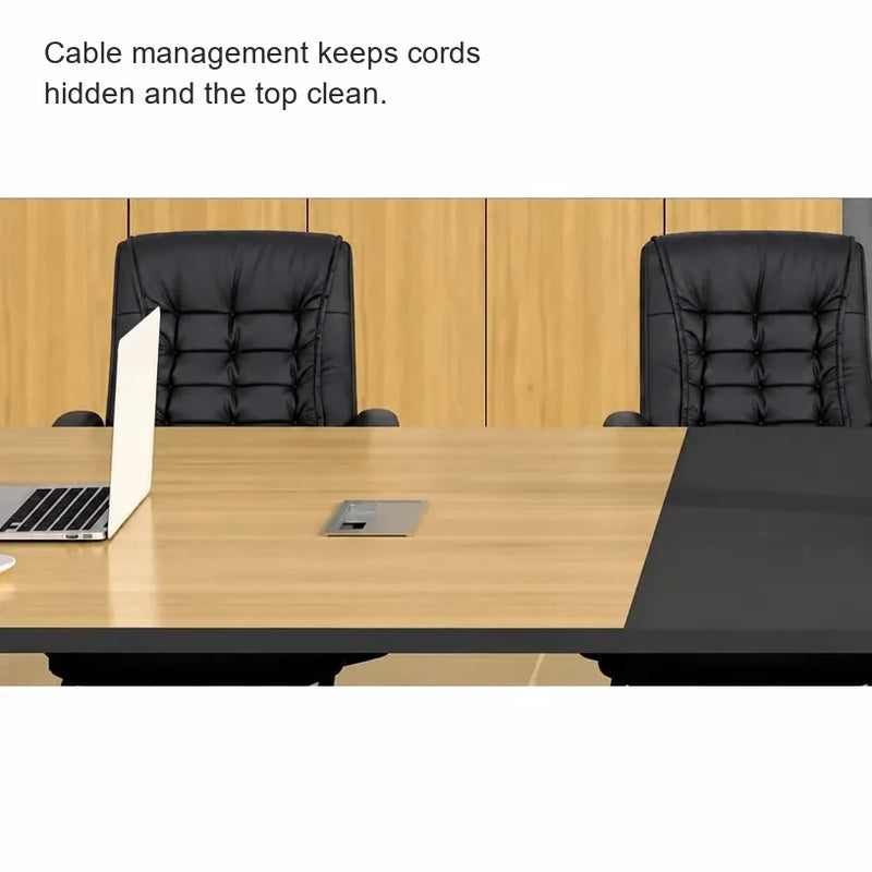 Harvard elm top close up with a laptop, cable management grommet and black center panel