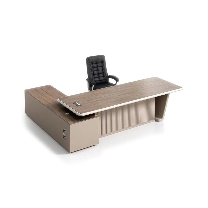 Brimley L-shaped desk in walnut and cream with fluted modesty panel