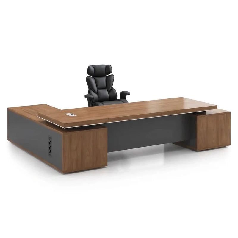 Hewson L-shaped executive desk in walnut with charcoal pedestals
