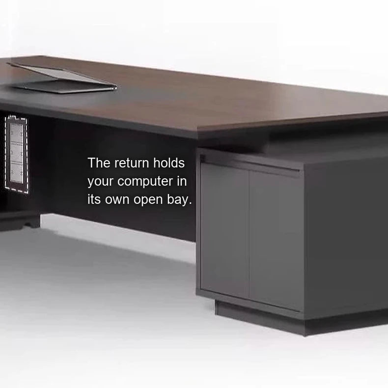 Alford desk close-up: the return holds your computer in its own open bay