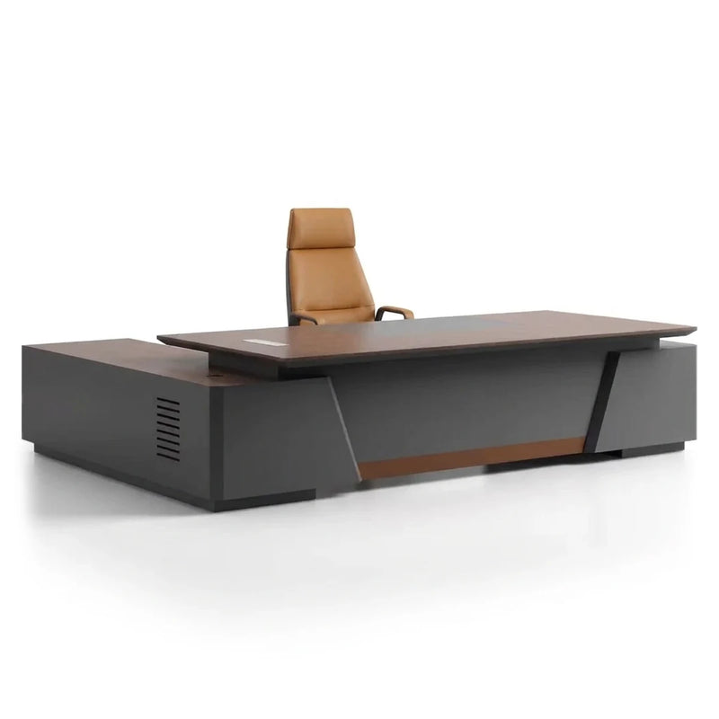 Alford grand L-shaped executive desk in walnut and black with copper accent line