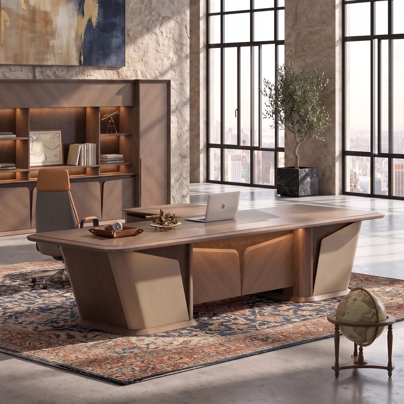Cognac desk, left return, in a feminine luxury office with chandelier