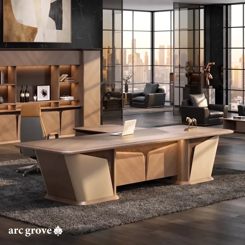 Cognac executive desk, mirrored layout, in a black marble office