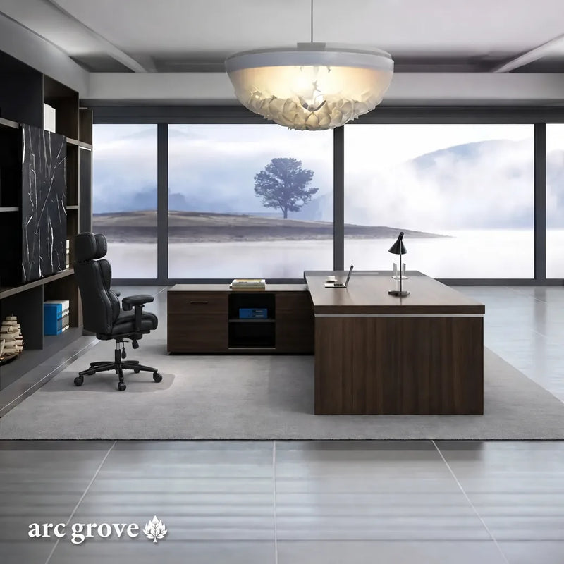 Hershey desk in Dark Oak with return storage cabinet in a minimalist executive office
