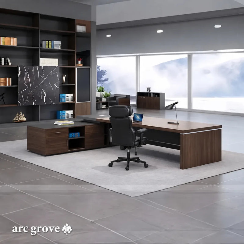 Dark Oak Hershey corner L-shaped desk with low return cabinet in a modern office library