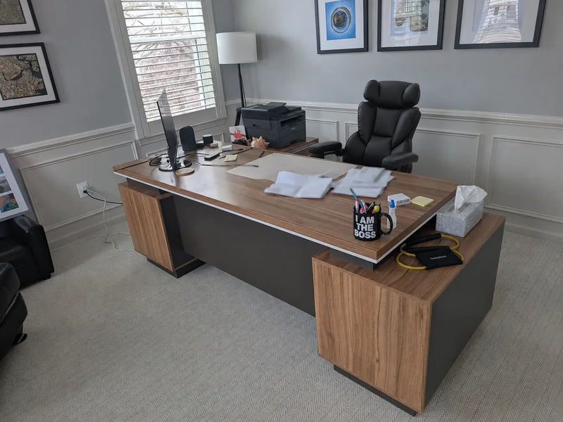 Client photo of the Hewson desk in a wainscoted home office