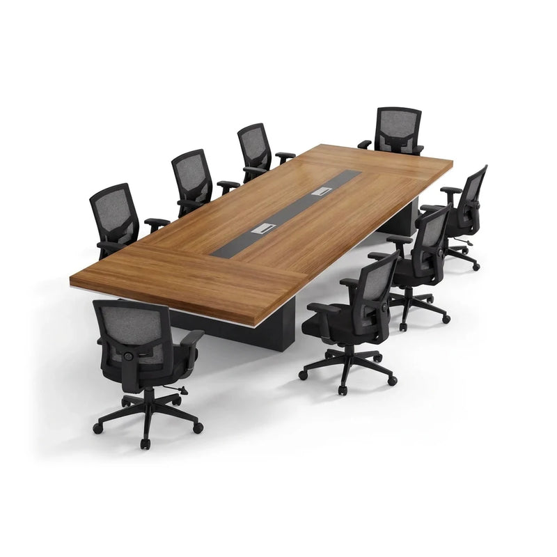 Accord modern walnut conference table with a black base and center cable channel, 8′ to 13′9″ (96 to 165-inch) lengths