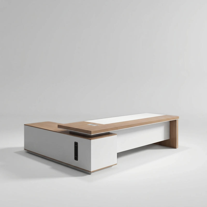 Lynx L-shaped desk in golden teak and white with inset pad