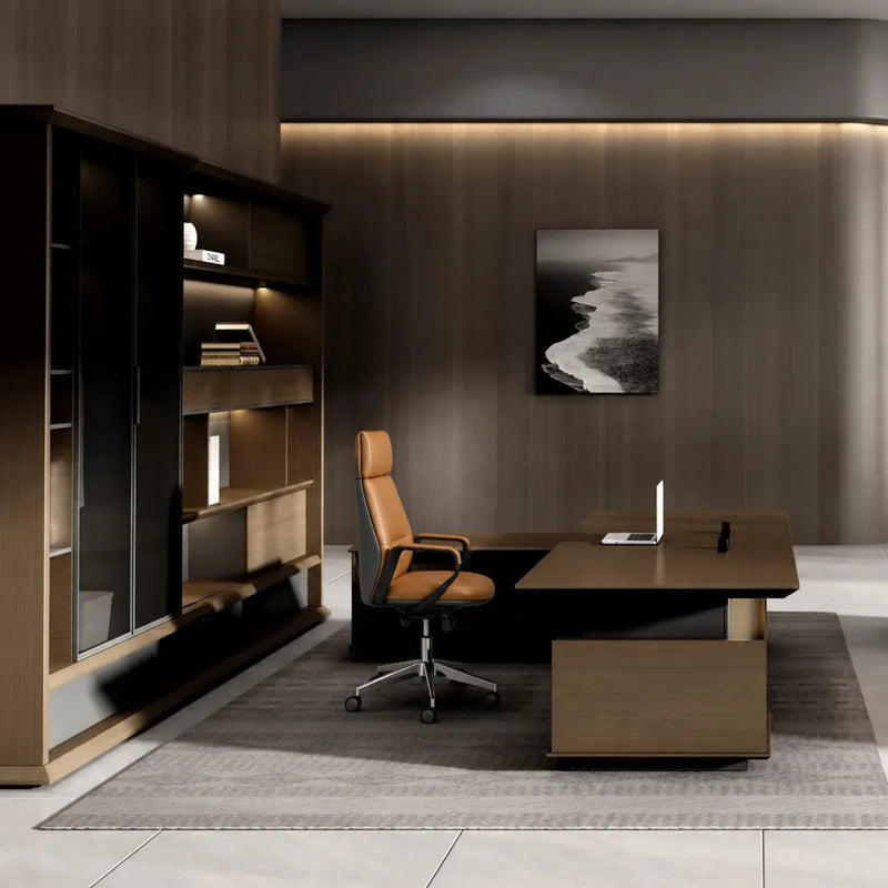Hiley desk with drawer return in a wood-paneled CEO office