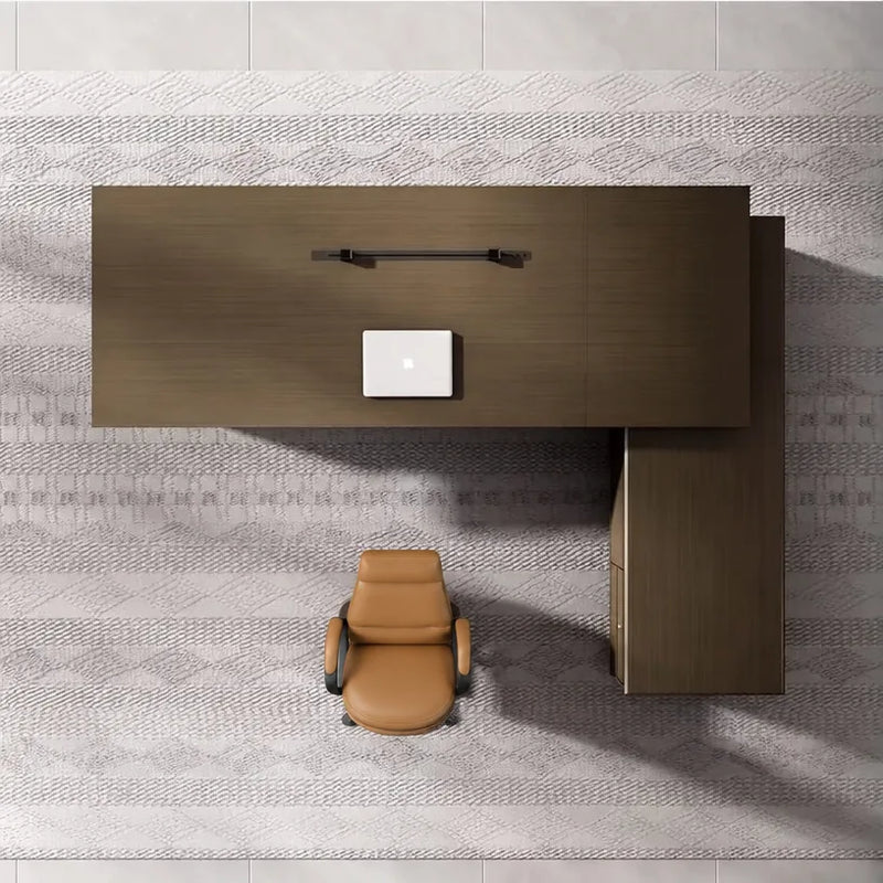 Hiley desk from above with cognac chair on patterned rug