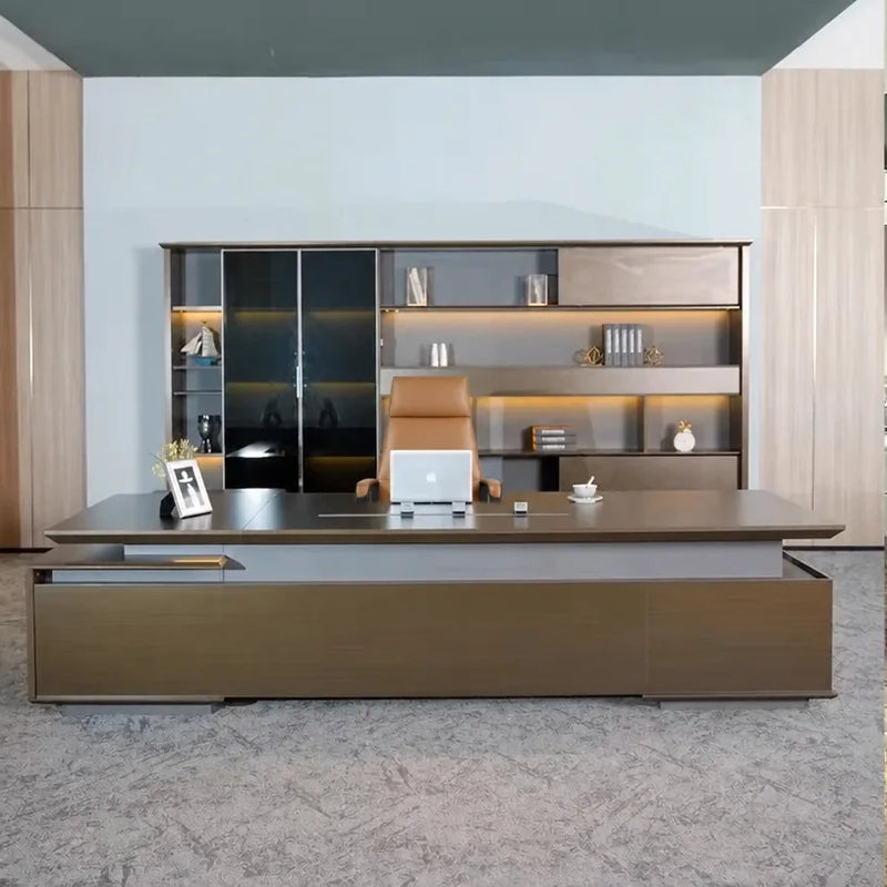 Hiley desk facing forward with computer and shelf wall