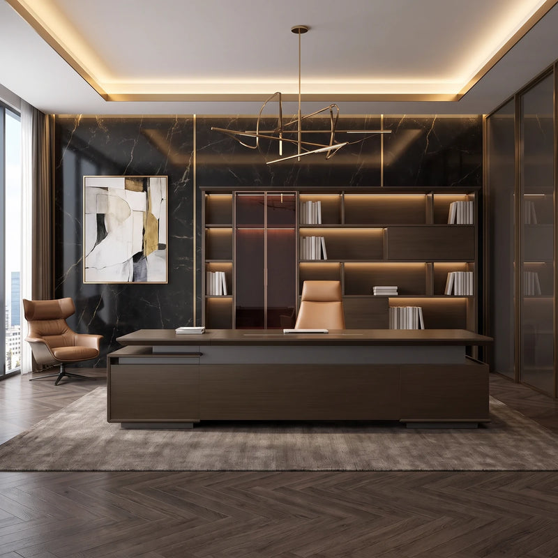 Hiley executive desk in a dark marble executive office beside its matching shelving