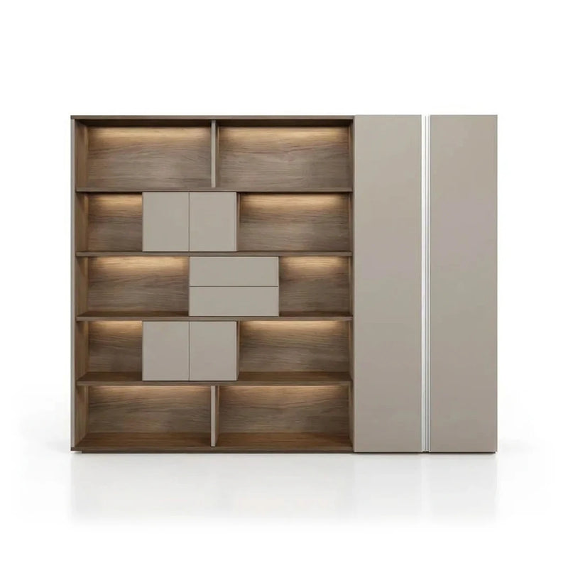 Fenwick 10′6″ (126-inch) office wall unit, open warm woodgrain shelves with taupe door panels and a tall closet door, front view
