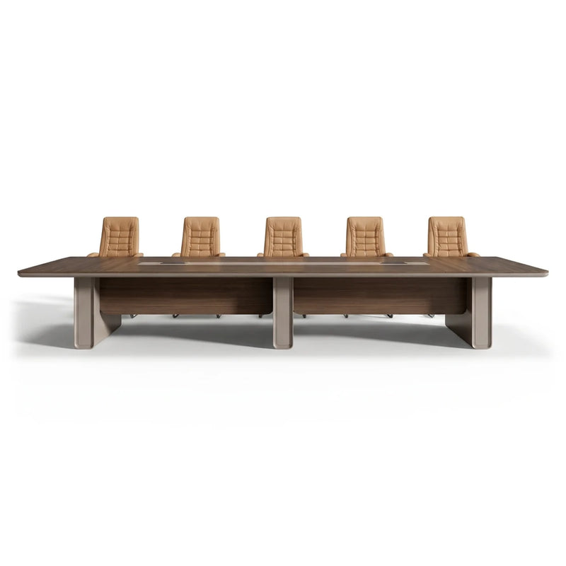 Chymé modern conference table in dark oak with a center cable strip and thick gray panel legs, 8′ to 15′9″ (96 to 189-inch) lengths