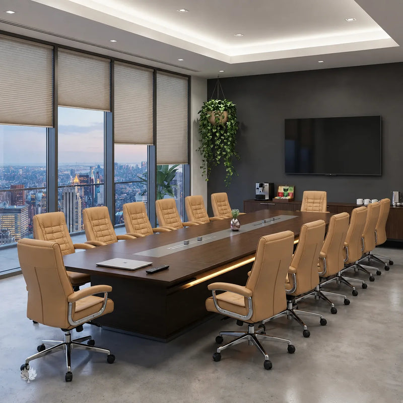 Hunter large conference table seating 14 in tan chairs, city skyline through the windows