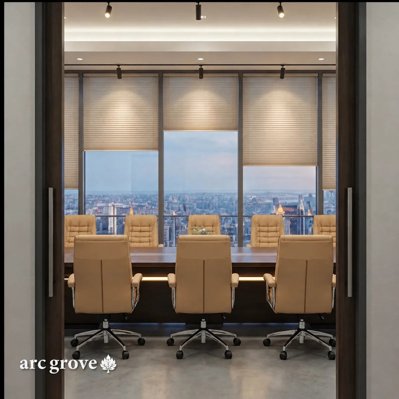 View through glass doors into a boardroom with the Hunter table and tan leather chairs