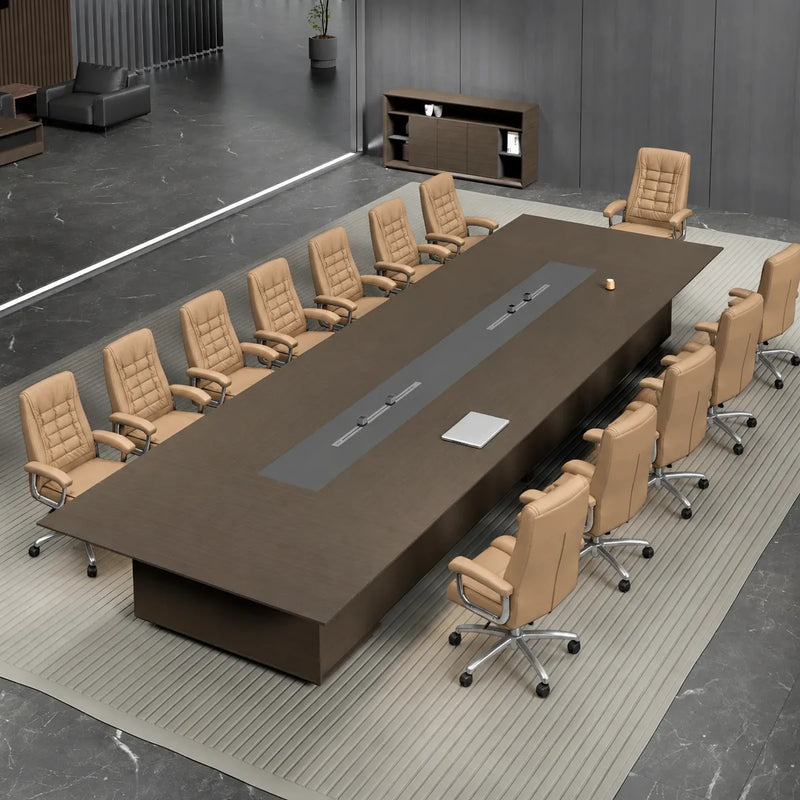Hunter 15′9″ or 19′8″ (189 or 236-inch) conference table seating 14 to 18, angled overhead view on a striped rug