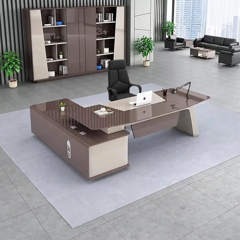 Huxley manager desk with glass-smooth top, right return, city window