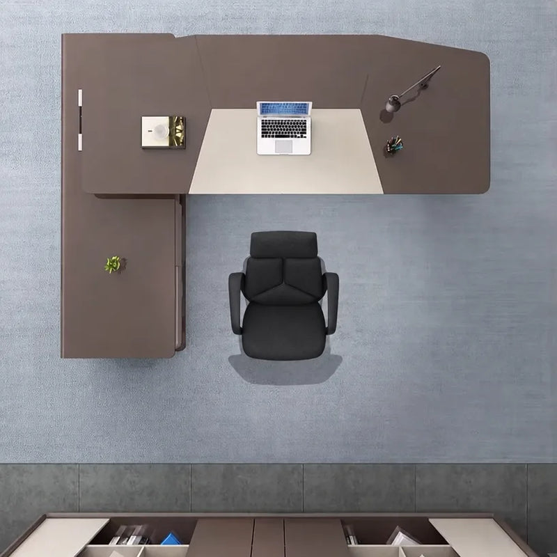 Huxley desk from above with laptop and wall cabinets