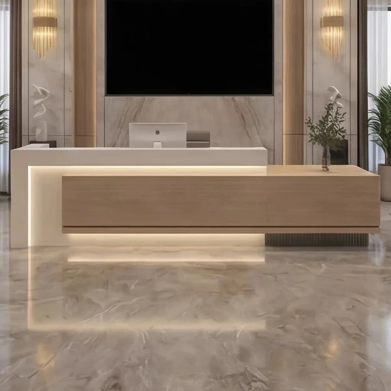 Elyra desk, right configuration, with lit teak fascia