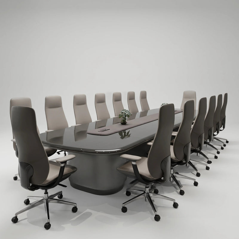 Fusion luxury conference table in dark ebony with a gray leather-look runner and fluted drum base, 15′9″ (189-inch) length seating 14