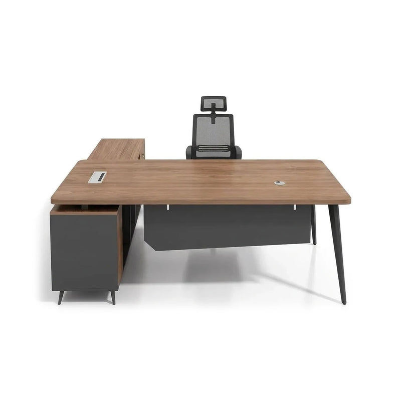 Caelum L-shaped desk in cedar with angled steel legs