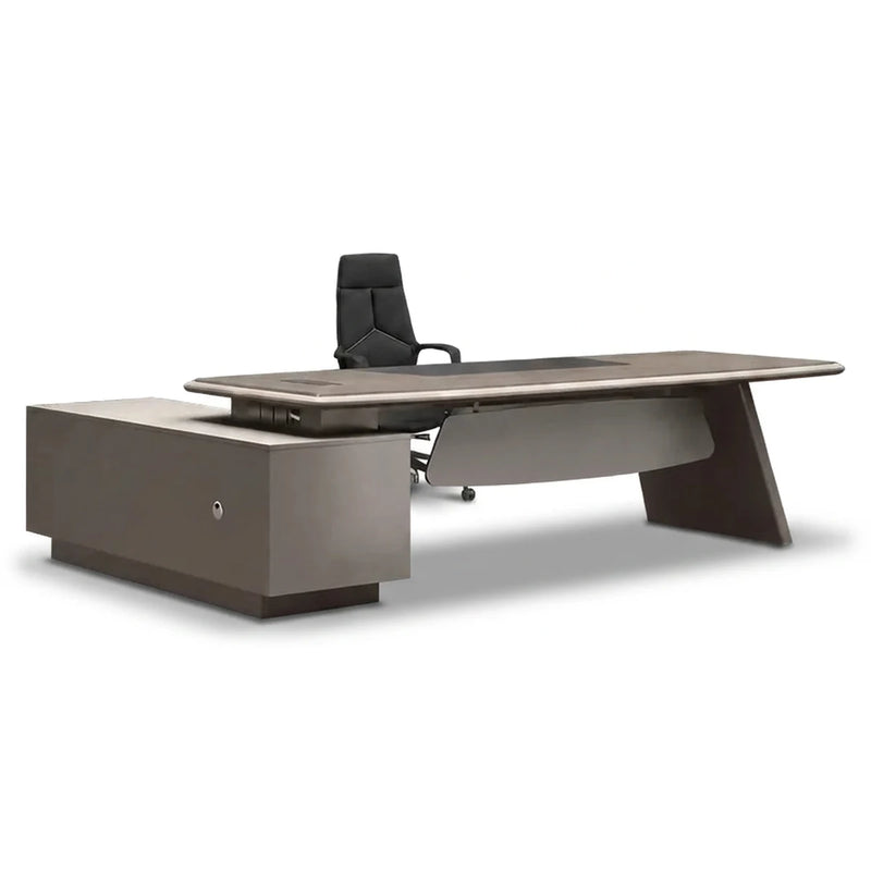 Corely L-shaped desk in khaki with brushed gray pedestal