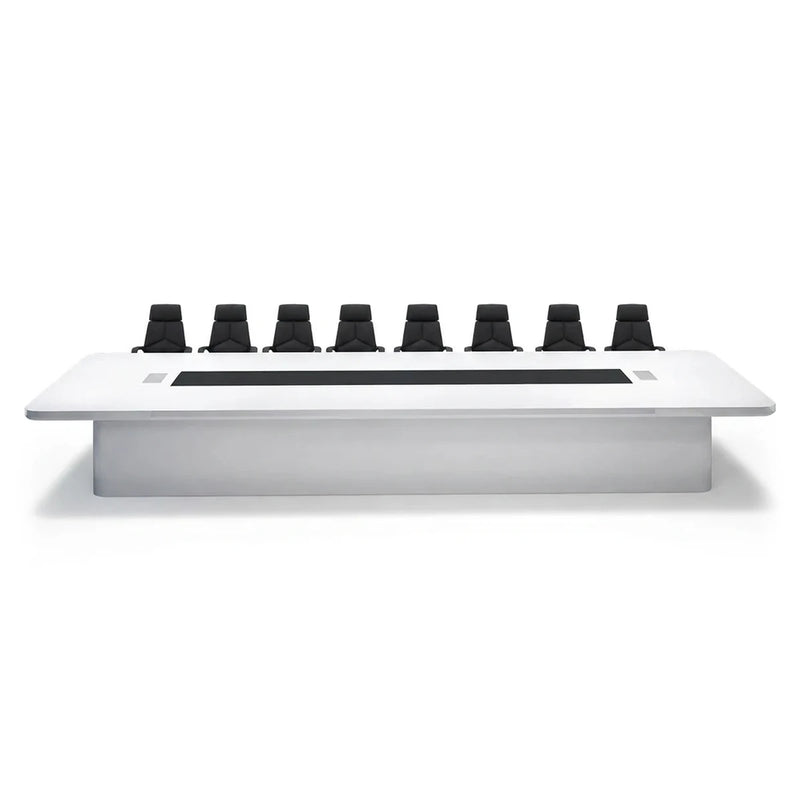 Amix modern white conference table with a black center cable channel and LED-lit plinth base, 8′ to 16′5″ (96 to 197-inch) lengths