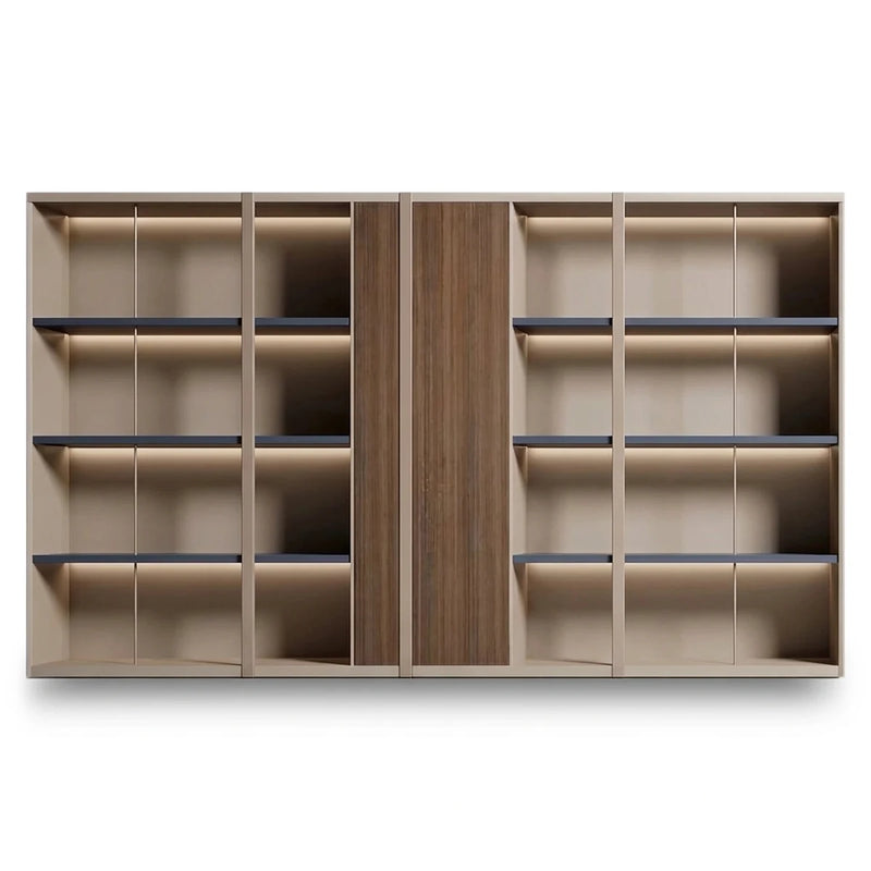 Norwyn 10′6″ (126-inch) office shelves in beige, lit open tiers either side of a brown oak wardrobe door, front view