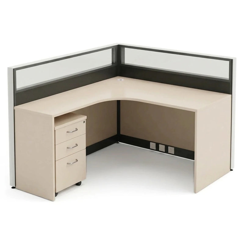 Valtra single L-shaped cubicle workstation desk in birch and beige with a mobile pedestal, 57-inch (4′9″) wide