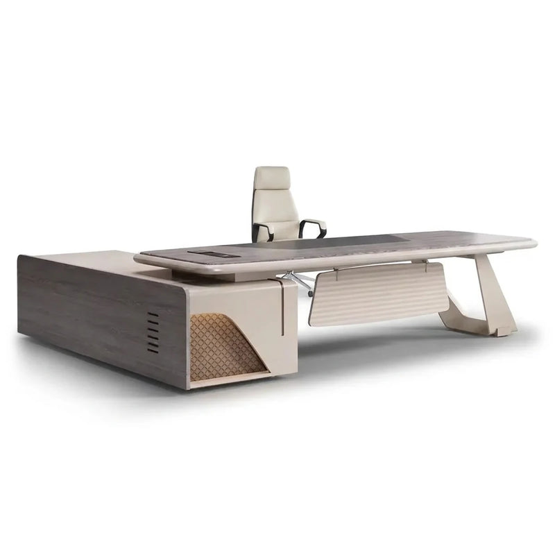 Heyer desk in gray walnut and cream with gold mesh corner