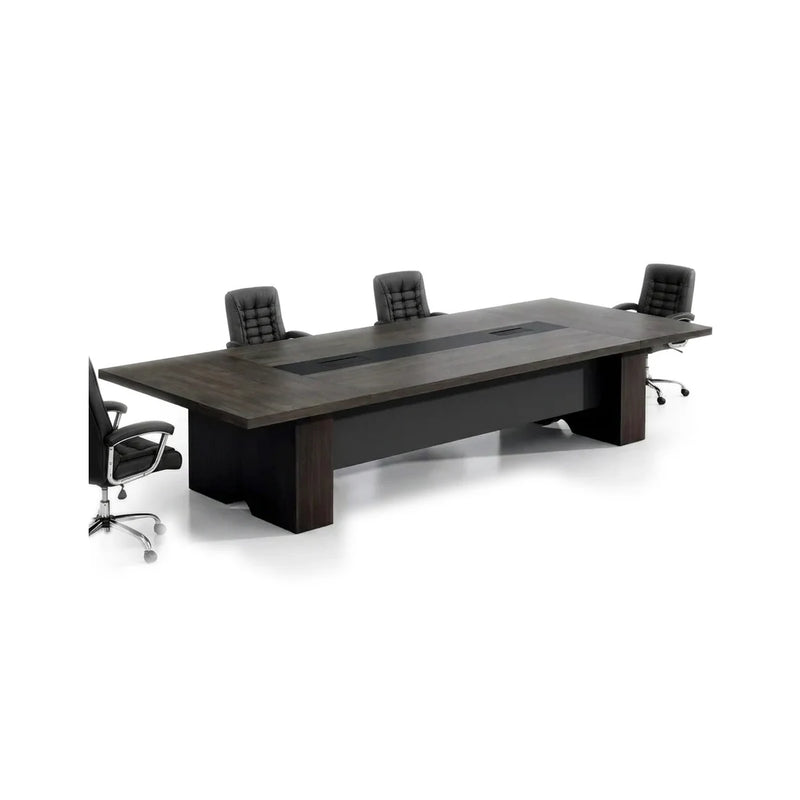 Prime modern conference table in brown with a gray center inlay on dark slab legs, 9′ to 15′9″ (108 to 189-inch) lengths