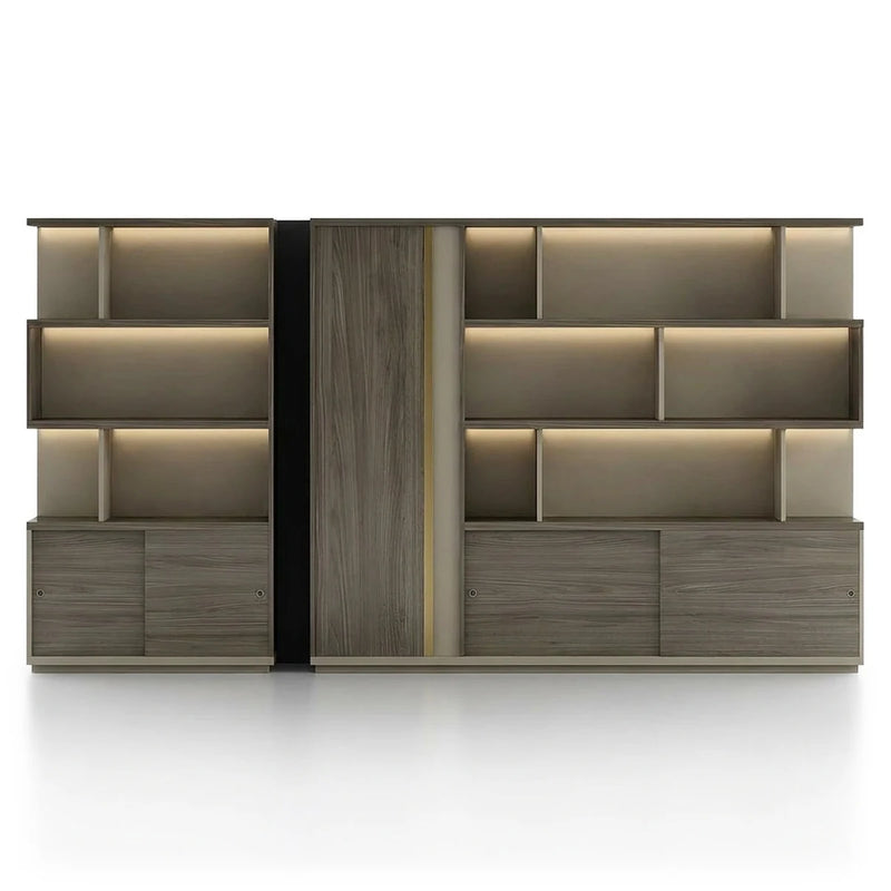 Ashwyn 12′ (144-inch) office wall unit, front view, light taupe shelves with walnut panels, tall wardrobe door and lower cabinets
