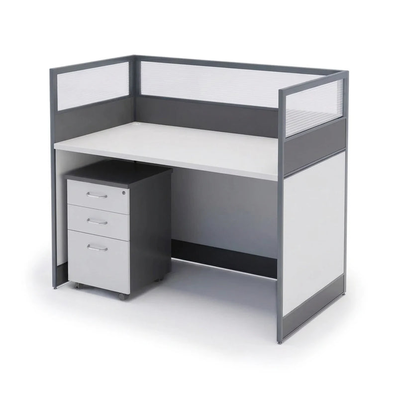 Lintra single straight cubicle workstation desk in white and gray with a mobile pedestal, 51-inch (4′3″) wide