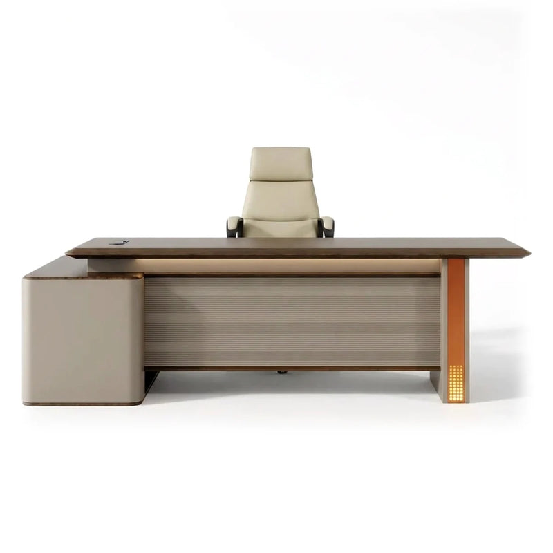 Oxley desk in beige and brown oak with copper leg lights