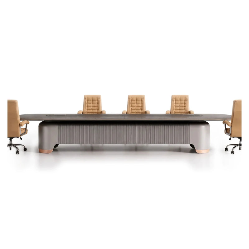 Caliber luxury conference table in textured woodgrain with a rounded top and drum pedestal, 12′ or 15′9″ (144 or 189-inch) length
