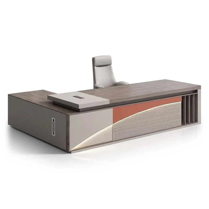 Lachlan desk in gray walnut with orange curve and lit stripe base