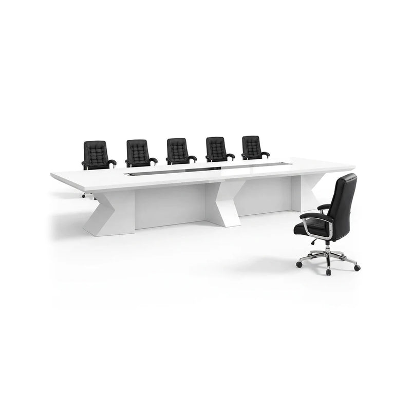Kendrix modern white conference table with a black center channel on angular zigzag pedestals, 6′7″ to 16′5″ (79 to 197-inch) lengths