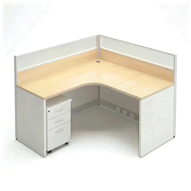 Solven single L-shaped cubicle workstation desk in white and birch with a mobile pedestal, 57-inch (4′9″) wide
