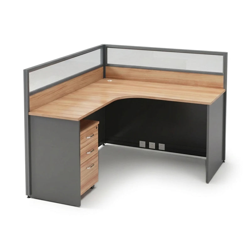Renvik single L-shaped cubicle workstation desk in birch and dark gray with a mobile pedestal, 57-inch (4′9″) wide
