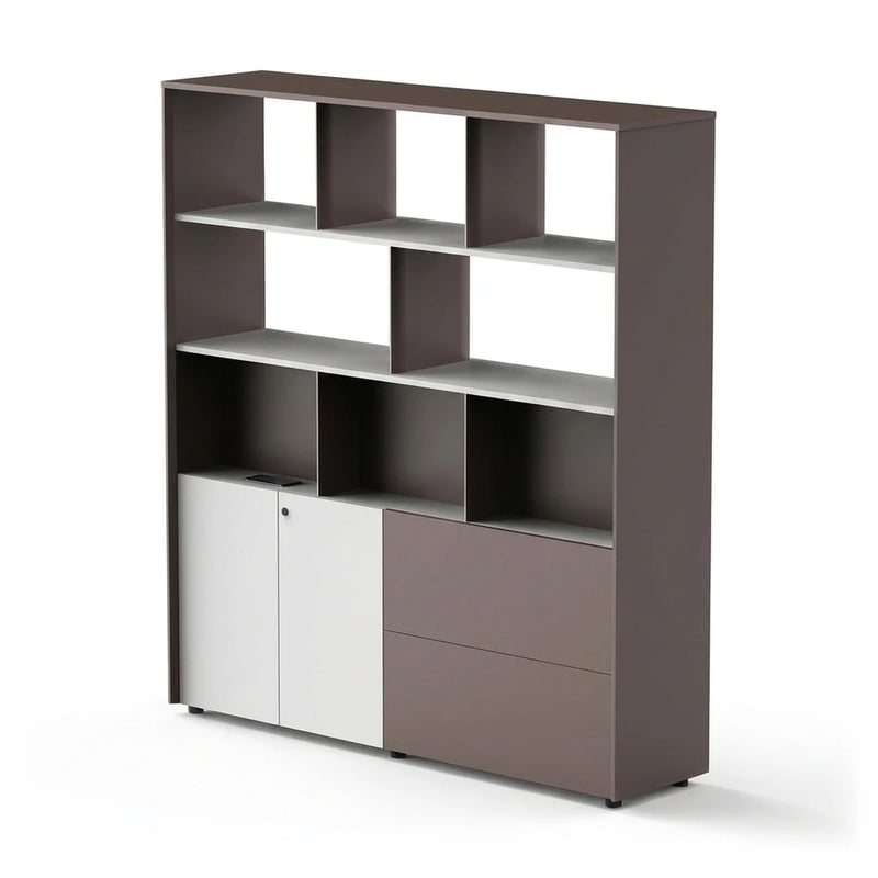 Selwyn 5′3″ (63-inch) open office shelves, mauve frame with white shelves and doors, angled view on white