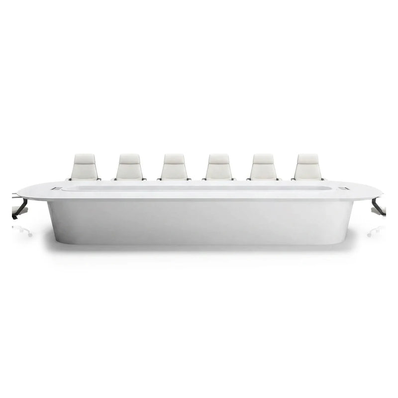 Amica modern white conference table with a racetrack top and solid plinth base, 6′7″ to 16′5″ (79 to 197-inch) lengths