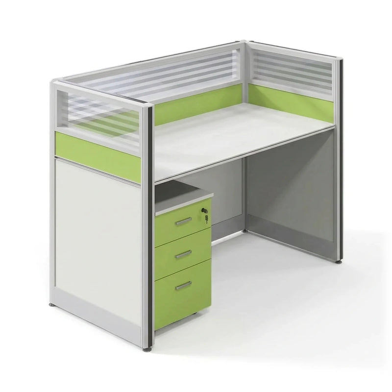 Orvex single straight cubicle workstation desk in white with green accents and a mobile pedestal, 51-inch (4′3″) wide