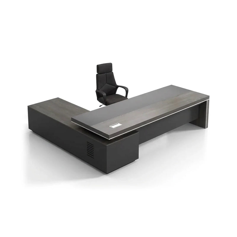 Acumen modern L-shaped executive desk in gray oak with charcoal base, seen from the front