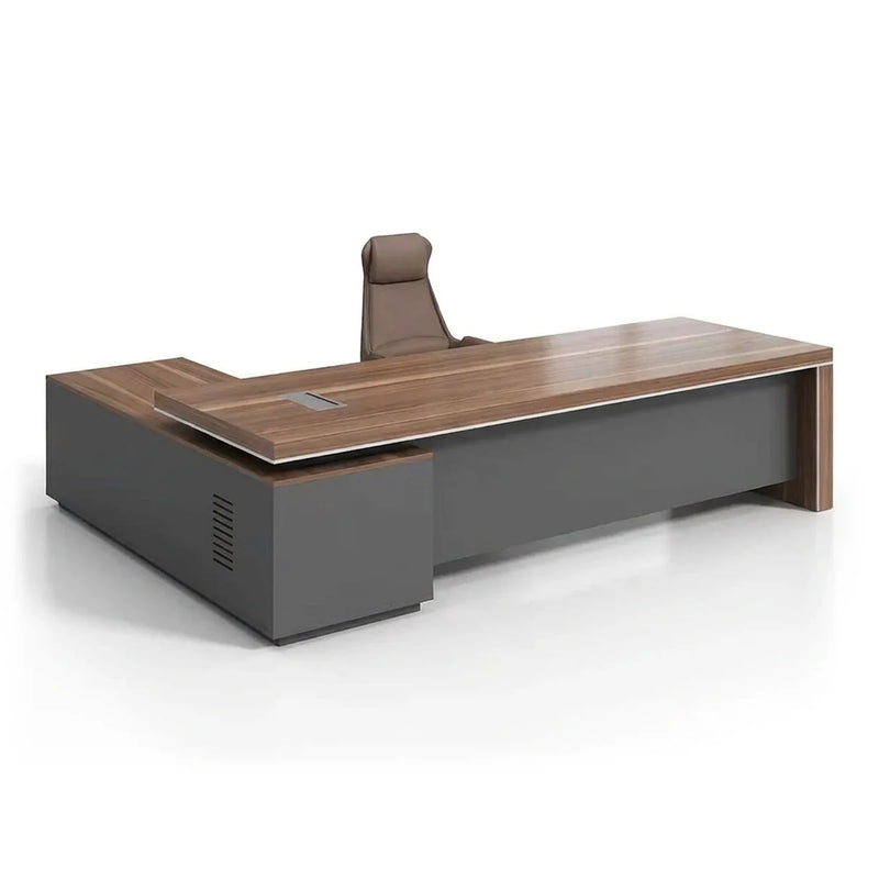 Belford L-shaped executive desk in walnut with charcoal base, studio view