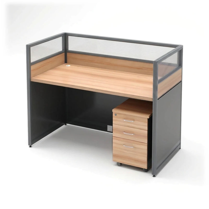 Brivan single straight cubicle workstation desk in birch and dark gray with a mobile pedestal, 51-inch (4′3″) wide