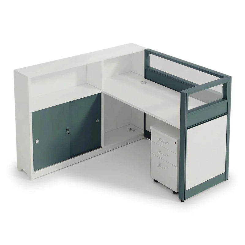 Trevio single L-shaped cubicle workstation desk in white and teal with a sliding-door storage return, 55-inch (4′7″) wide