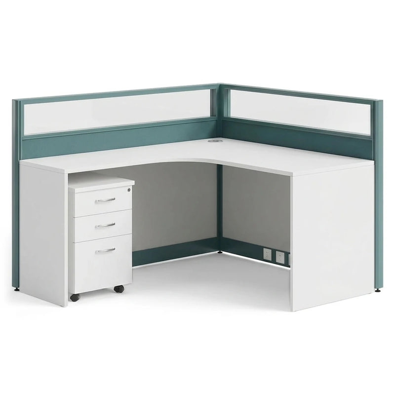 Trevik single L-shaped cubicle workstation desk in white with a teal frame and a mobile pedestal, 57-inch (4′9″) wide