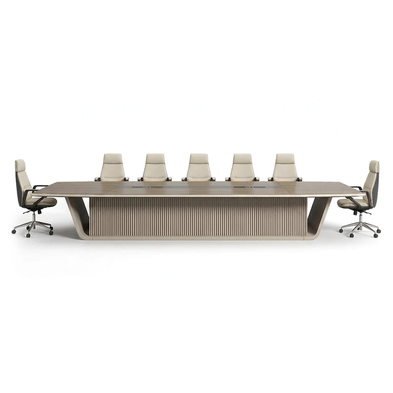 Evren modern walnut conference table with a cream edge band and fluted pedestal base, 8′ to 15′9″ (96 to 189-inch) lengths