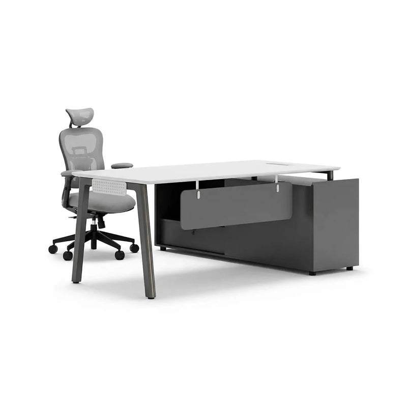 Pickett desk with white top, charcoal A-legs, and hanging modesty panel